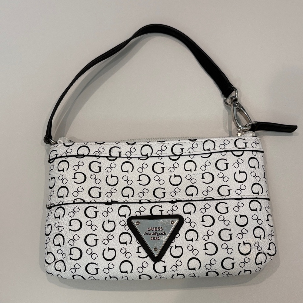 GUESS White and Black Logo Wristlet with Triangle Plaque